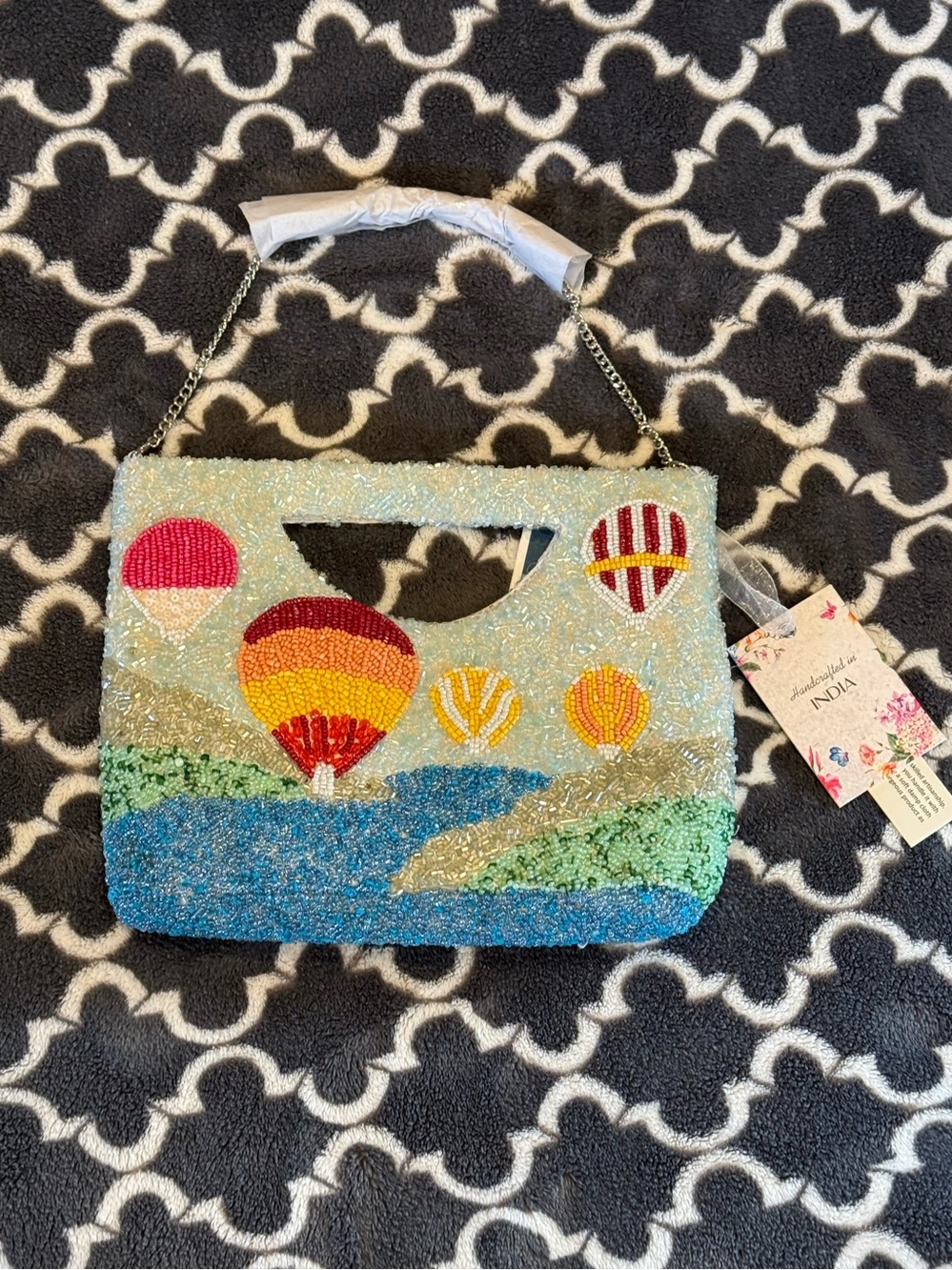 Handcrafted in India Beaded Bag Hot Air Balloons Clutch Crossbody Handbag NWT
